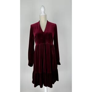 Taylor Dress Velvet Long Sleeve Tiered Dress Womens Size 10 V Neck Red Wine